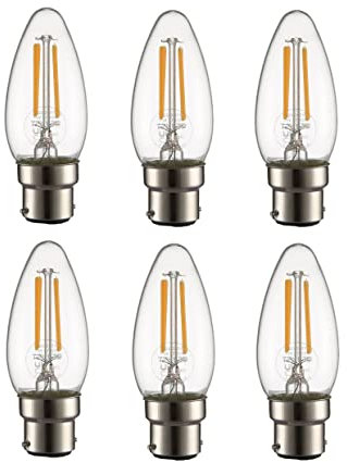 TEKLED® Lampadine LED vintage a filamento dimmerabile C35, attacco a baionetta B22, a risparmio energetico, equivalente a 40 W, trasparente, 2700 K, 470 lm, confezione da 6, bianco caldo (dimmerabile