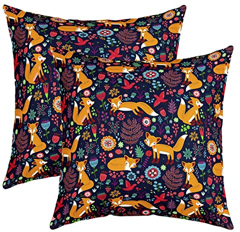Fuchs Kissenbezug Kissenhülle Niedlich Cartoon Fuchs Kissenbezüge 50x50cm 2er Set Kissenbezüge Weich Floral Leaf Muster Dekorative Sofakissen Couchkissen Natürliche Thema Orange Dekokissens