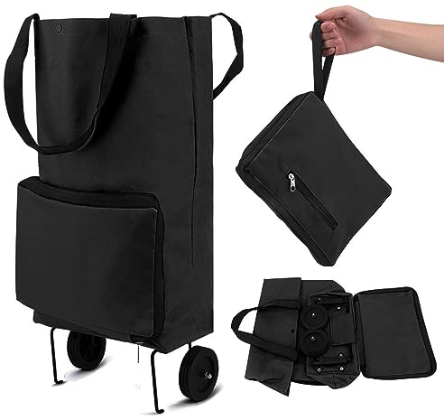 Collapsible Trolley, Folding Shopping Bag with Rubber Wheels - Foldable Shopping Cart, Oxford Cloth Reusable Shopping Bags for Supermarket, Large Capacity (Black)