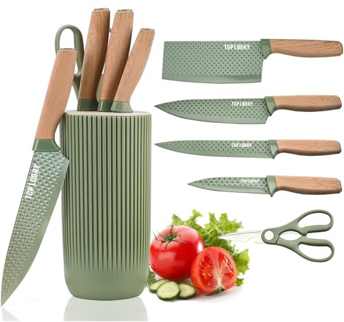 Kitchen Knife Set, 6 Pieces Green Professional Knife Set with Universal Knife Block, Super Sharp Knife Sets with Ergonomic Handle, Non-Stick Stainless Steel Knife Block Set