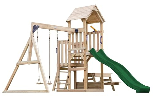 AXI Mette Casetta in Legno Bimbi 2 Altalene, Tavolo da Picnic, Scivolo Verde | Area Giochi All'Aperto con Altalene/Sabbiera/Scivolo Telescopico | Casa da Gioco all'Aperto in Legno su Palafitte