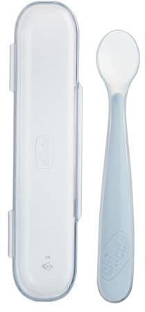 Chicco Cucchiaino Svezzamento in Silicone con Custodia, Cucchiaio Morbido per Neonati e Bambini, Delicato e Flessibile, con Impugnatura Ergonomica e Manico Lungo Curvato, 6+ Mesi, Grigio