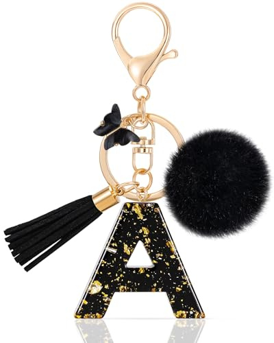 MWOOT Letter A Keychain Initiale Buchstaben-Schlüsselanhänger,Alphabet Harz Key Chain mit Schmetterling Quaste Plüsch Anhänger Handtasche Geldbörse Charm,Schwarz Keyring für Frauen (A)