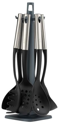 JATA HOGAR HACC4624 - Utensilios de Cocina de Acero Inoxidable y Nylon. Set de Cocina de 6 Utensilios: Cazo, Cucharón, Espumadera, Cucharra Espagueti, Espátula y Pala. Resistentes al Calor