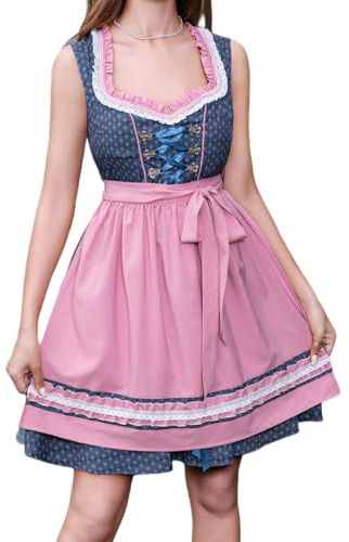 Abaowedding Womens Oktoberfest Costume Traditional Beer Festival German Bavarian Outfit Dirndl Dress Blue with Fleur-de-lis Pattern Pink Apron with Lace Trim (Blue and Pink, L)