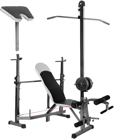 Banco Musculación Multifuncional,Banco Press Banca Polea Gimnasio Casa,Maquina Multifuncion Musculacion,Max 300 kg(Banco Multifuncional con Barra Alta y Soporte para Mancuernas)