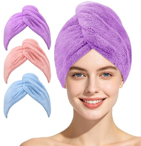Laicky Paquete de 3 toallas de microfibra para secar el cabello, superabsorbentes, turbante de secado rápido con botones, cierre de bucle de baño, gorro de cabello seco (azul, rosa, morado)