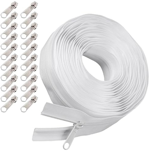 YGCQFH Endless Zip with Zip, 10 m / 3.94 Inches, Endless Zip with Zipper, #5 Nylon Zip, Endless, with 20 Zip Pulls, for Bags, Clothes, Bed Linen, Pillows, etc. (White)