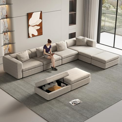 Guyii Sofá modular de tela, sofá de 8 plazas, cómoda combinación de elementos de sofá, diseño flexible para salón, acogedor y versátil, beige (8 plazas (4 asientos y 4 otomanas))