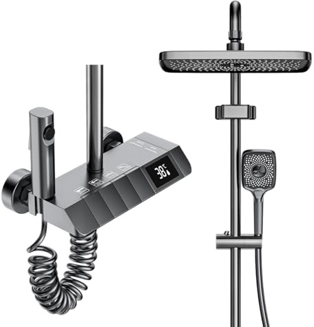 YJYAJIE Columna de Ducha con Grifo, diseño de llave de piano, 30x20cm Cabezal de Ducha de Lluvia, Pantalla Digital LED, Altura Ajustable, Multifuncional para el Confort del Baño