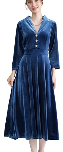 AXOE Women's Velvet Dress Elegant Vintage Midi 3/4 Sleeves Autumn Winter Fashion for Wedding Guest