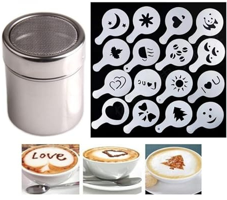 1 pieza espolvoreador de cacao, juego de 16 piezas de café dibujo capuchino forma lujo café accesorios impresión modelo espuma spray pastel plantillas colador de azúcar en polvo