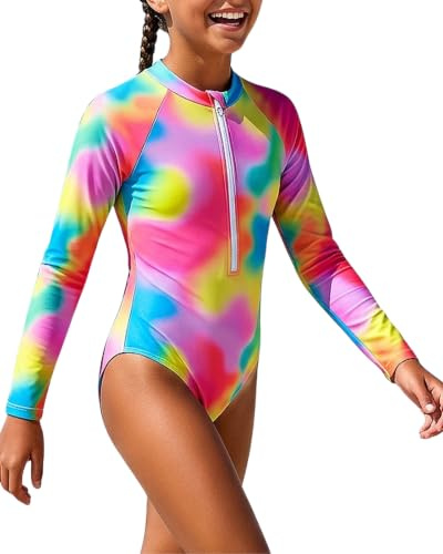 Xumplo Teen One Piece Swim Costume for Girls Long Sleeve Casual Beach Clothes Outfits Quick Dry Swimwear (Red, 11T)