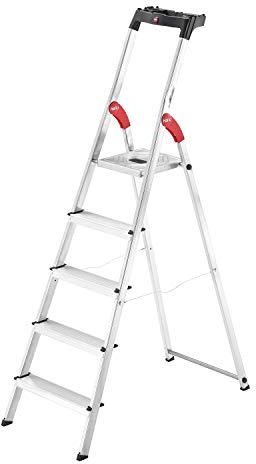 Hailo L60 StandardLine Alu-Sicherheits-Stehleiter , Leiter 5 Stufen belastbar bis 150 kg , stabile Holmführung , Stehleiter mit Ablage , klappbare Aluleiter made in Germany , Leiter rostfrei , silber