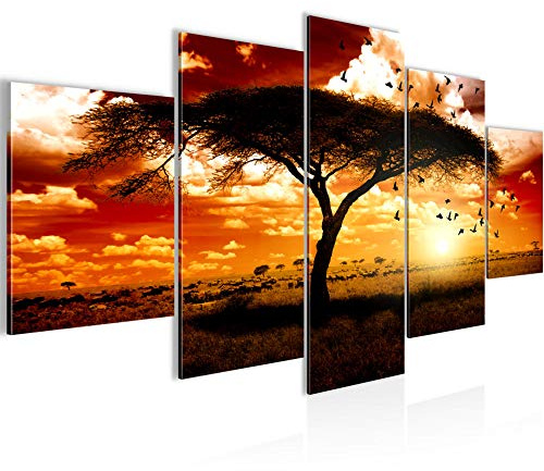 Väggmålningar Afrika Solnedgång 5 Delar Bild på non-woven canvas dekorations vardagsrum Panorama Orange 001552c