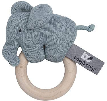 Baby's Only - Baby Rassel Elefant - Beißring - Babyspielzeug 0+ Monate - Aus Holz - Mit gestricktem Stofftier - Stonegreen