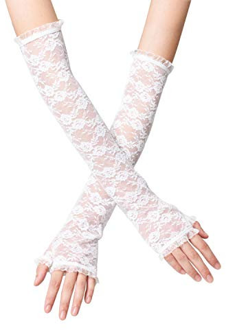 LassZone Women's Fingerless Long Lace Gloves White Floral Bridal Fancy Dress Gloves Stretchy Elbow Length UV Protection Arm Sleeve for Wedding Opera Tea Party