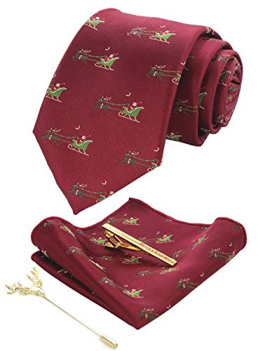 JEMYGINS Corbata de Navidad para Hombre con Diseño Woven y Pañuelo de Bolsillo - Set de Corbata para Fiestas Vino tinto/verde