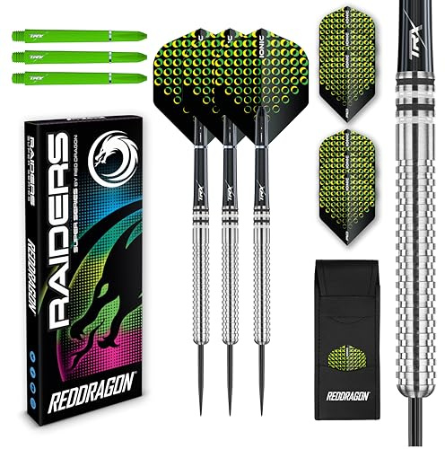 RED DRAGON Raider Series: 23g Steel Tip Tungsten Darts Set - Professional Darts with Shafts (Stems), Flights and Checkout Card - Choice of Colour Available