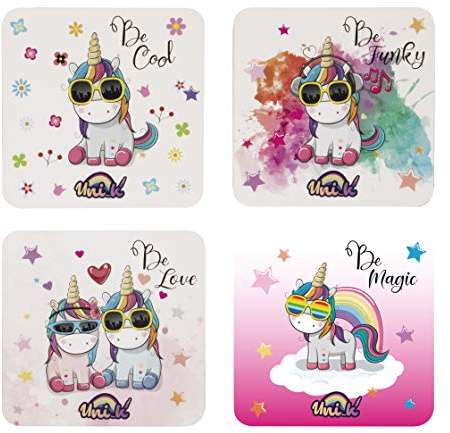 Konix Unik Lot de 4 Dessous de Verres 10,4 x 10,4 cm - Base en liège antidérapante - Motifs Licornes