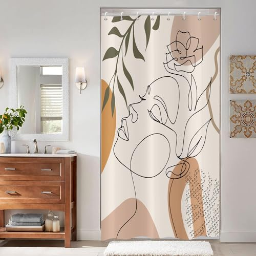 ASDCXZ Tenda da Doccia Beige 120x180 cm Stile Boho, Moderna Arte Astratta con Faccia di Ragazza, Fiore e Foglie Verdi Lavabile Tenda per Doccia in Poliestere Tessuto Impermeabile per Vasca da Bagno