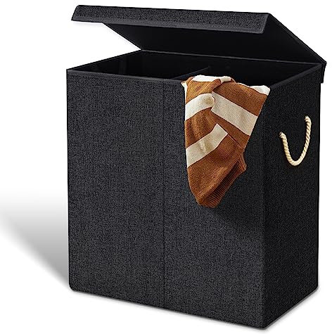 FB FunkyBuys 142 L Double Laundry Basket with Lid, Laundry Hamper Basket with Handles for Dirty Clothes, Laundry Bin Storage for Bedroom, Bathroom Storage (2 Compartment, Black)