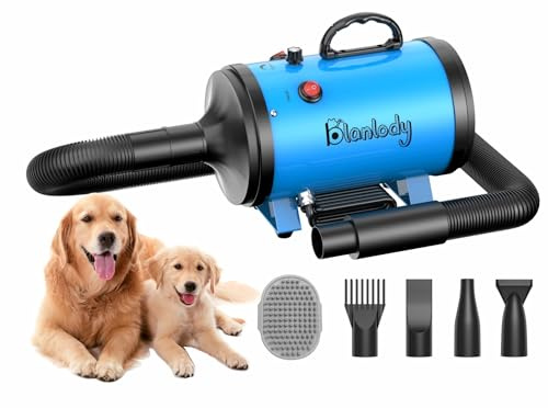 Blanlody Soffiatore per Cani Blower Molto Silenzioso, 4,5 CV/3200 W, Velocità Regolabile, Ventilatore per la Cura del Cane con 4 Diversi Ugelli, Tubo Elastico e Spazzola per la Cura