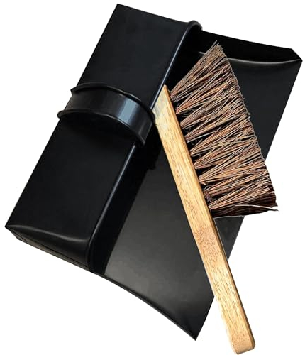 Heavy Duty Metal Dustpan with Handle Industrial Design Large Black Hooded Metal Dustpan Cleaning Scoop also Suitable for homes, log burners, stoves, workshops, and gardens (DustPan and Hard Brush)