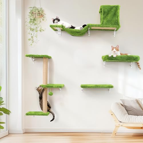 FUKUMARU Set de Pared de Escalada para Gatos, 4 Piezas - Estanterías, Puente, Árbol y Escaleras Hechas de Placas Multicapa Fuertes para Gatos Hasta 18 kg, Verde Selva