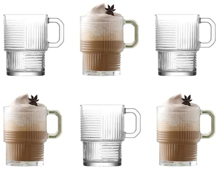 NORDIC SCHILLER Set di 6 bicchieri da caffè con manico, impilabili da 270 cc, in vetro di alta qualità, lavabili in lavastoviglie per un piacere elegante a casa, bar e ristoranti, set di bicchieri da