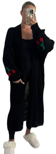 eyes Women's Balloon Sleeve Cardigan - Ladies Oversized Cherry Print Long Chunky Knit Open Ribbed Knitted Maxi Length 2 Pocket Jumper Long Sleeve Sweater Plus Sizes UK 8-20 Black