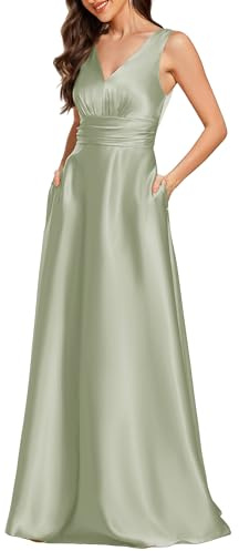 Ever-Pretty Abito Cerimonia Donna Eleganti Lungo Raso Senza Maniche Abito Damigella d'Onore Vestito Elegante Scollo a V Menta Verde 40