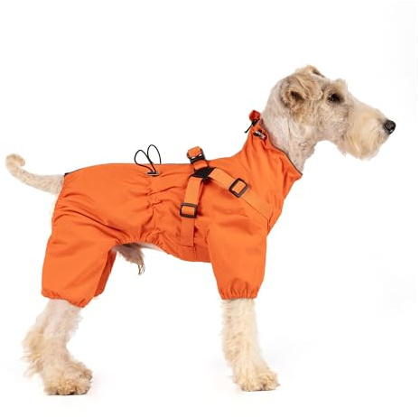 Mile High Life Waterproof Dog Raincoat, Full Coverage Small Dog Rain Coat with Harness, Adjustable 4 Legs Puppy Rain Jacket with Reflective Strip and Elastic Cuffs (Orange, S Back Length 13)