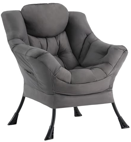 SESHINELL Comfy Armchair, Upholstered Lounge Reading Chair with Side Pocket and Armrests, Modern Bedroom Lazy Chair for Living Room, Dark Grey