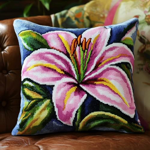 AMBATTERY Punto Croce Kit da Ricamare Cuscini, fiore di giglio rosa Fai Da Te Fodera Per Cuscino Kit Da Ricamo 45x45cm Punto Croce Prestampato Cuscino Ricamato a Mano