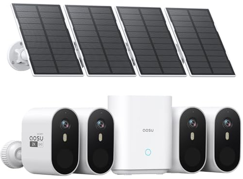 aosu 2K UHD Kit de Surveillance Extérieur Solaire avec Batterie, 4 Caméras et aosuBase 32GB Stockage Local - sans Abonnement, Détection PIR, Vision Nocturne en Couleur, 2-Way Audio, Angle 166°