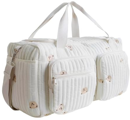 PYXGAR Sac à Langer Matelassé Motif Ours – Léger et Pratique, Sac Week-end pour Maman, Sac Hôpital Maternité, Accessoire Bébé Polyvalent
