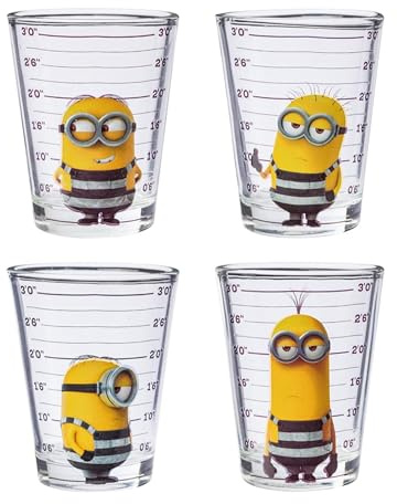 Silver Buffalo Minions Despicable Me Mug Shot, 4 Pack Mini Glass Set, 1.5oz