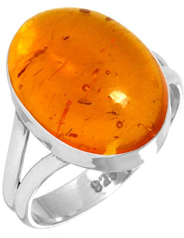 JEWELOPORIUM Orange Amber Silver Ring Size 7.5, 925 Sterling Silver Ring for Women, Chunky Oval Stone Boho Jewelry