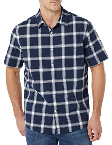 Amazon Essentials Men's Short-Sleeve Stretch Poplin Shirt (Available in Big & Tall), Navy White Buffalo Plaid, XL