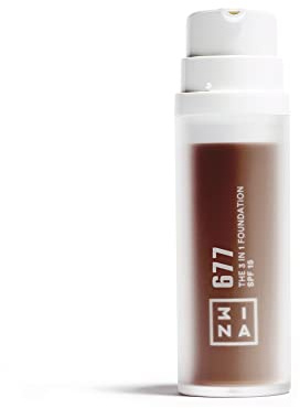3INA MAKEUP - The 3 in 1 Foundation 677 - Fond de Teint Marron foncé avec Sous-Teinte Neutre - Primer Anti-Cernes et Fond de Teint avec SPF 15 et Vitamine C - Vegan - Cruelty Free