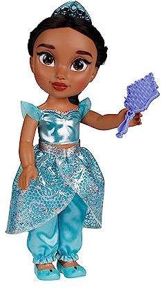 Disney Princess Jasmin Puppe 35cm, reflektierende Glitzeraugen, bewegliche Gelenke, ausziehbares Outfit, Schuhe, Krone, langes geflochtenes Haar, für Mädchen ab 3 Jahren