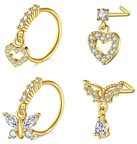 Mayhoop Piercing Nez 20G 4 Pièces Anneaux Studs pour Acier Chirurgical Piercing Doré avec CZ en Forme de L de Nez Bijoux de Piercing pour Femme Homme