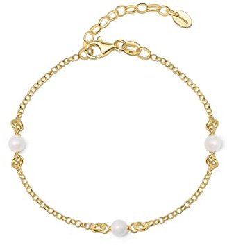 Amberta Pulsera de Perlas de Agua Dulce para Mujer en Plata de Ley 925: Pulsera de Cadena Chapada en Oro con Perlas 4-5mm