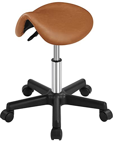 costoffs Rolling Saddle Stool - PU Leather Hydraulic 45.5-60cm Adjustable Salon Chair on Wheels for Massage Tattoo Dental Facial Spa Brown