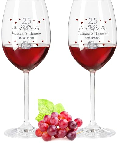 Leonardo Verres à vin avec impression UV - Mariage d'argent 25 ans - Personnalisés avec nom et date - Cadeau pour elle et lui pour un mariage, des fiançailles ou un anniversaire - Couleur : UV