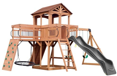 Backyard Discovery Sterling Point Cedar Wood Swing Set with Wave Slide, Raised Clubhouse, Wooden Bridge, Rock Wall, Belt Swings, Web Swing, Trapeze, Balcony, Climbing Wall, Ladder, Outdoor Playset