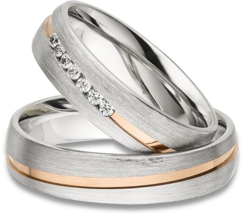 Kolibri Rings 925 Silber Rot Vergoldet | Eheringe Set Paarpreis mit 7 Zirkonia Steine | Partnerringe Längsmatt | Made in Germany + Gratis Gravur & Etui