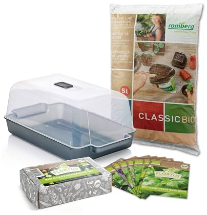 FLORTUS Anzuchtset Zimmergewächshaus mit BIO Cocktailkräuter & Anzuchterde | 8 Sorten Kräuter Lavendel, Rosmarin, Basilikum & mehr | Geschenkset
