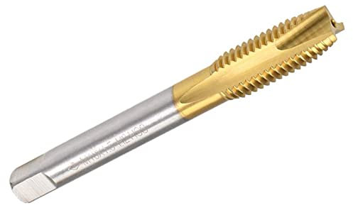 TOP-VIGOR M10 x 1,5 mm, rosca de punta en espiral, grifo de fresado de rosca con tolerancia H2 3 flautas, roscas de tierra, revestimiento de titanio HSS (vástago redondo con extremo cuadrado)